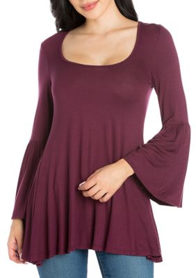 24seven Comfort Apparel Women's Long Bell Sleeve Flared Tunic Top, Purple, 1X
