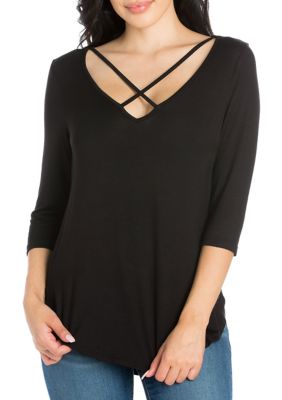 24seven Comfort Apparel Women's Criss Cross Round Hemline Tunic Top