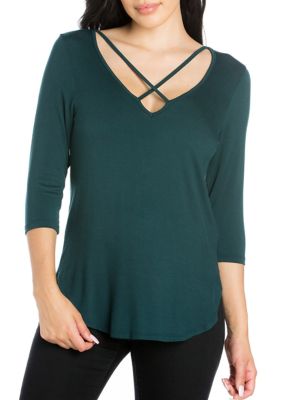 24seven Comfort Apparel Women's Criss Cross Round Hemline Tunic Top, Green, Medium