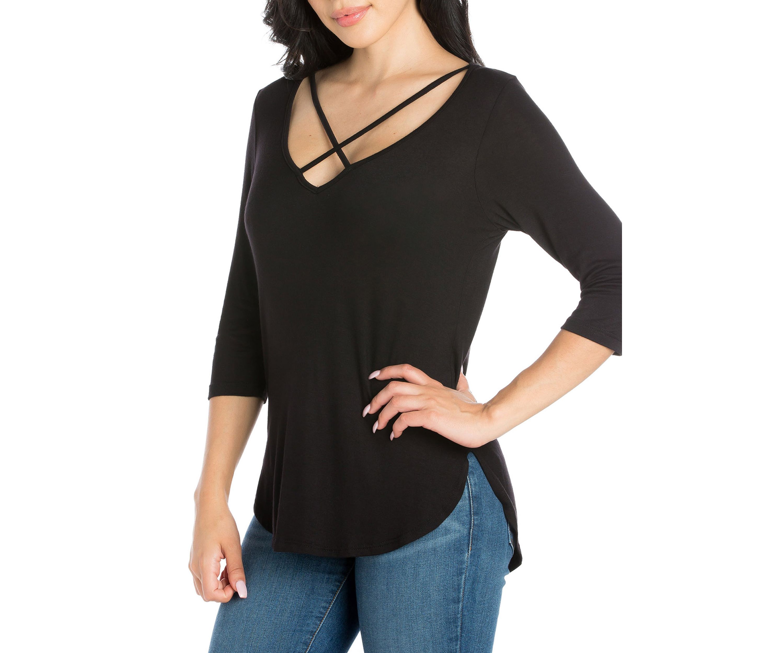 Womens Criss Cross Round Hemline Tunic Top