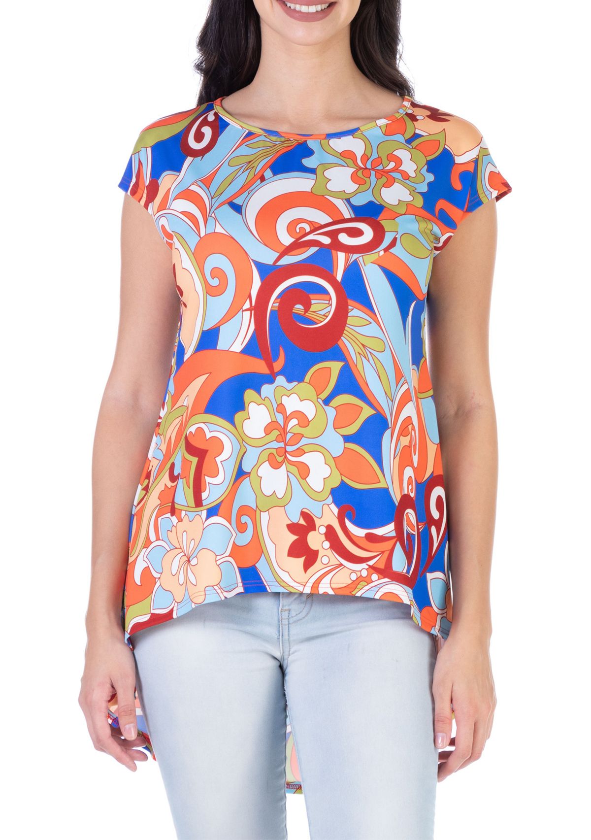 Multicolor Floral Short Sleeve High Low Tunic Top