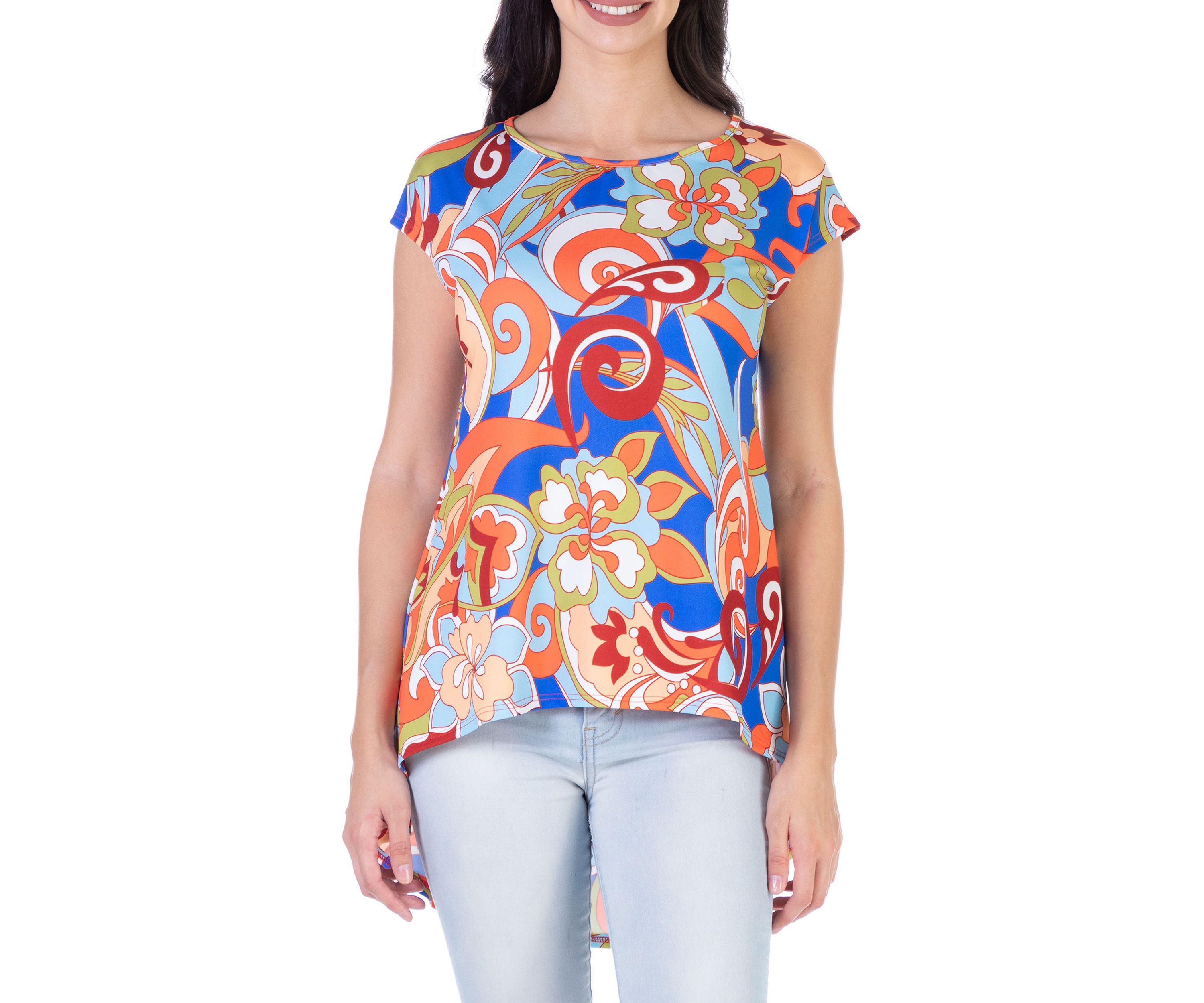 Multicolor Floral Short Sleeve High Low Tunic Top
