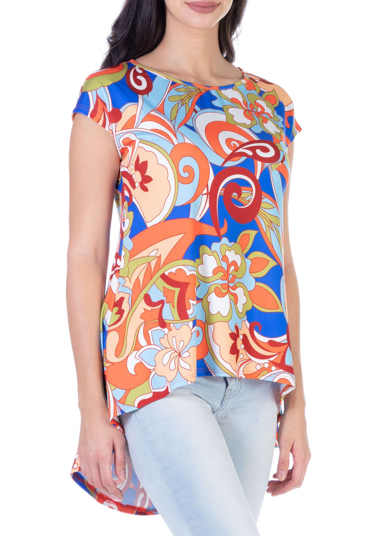 Multicolor Floral Short Sleeve High Low Tunic Top