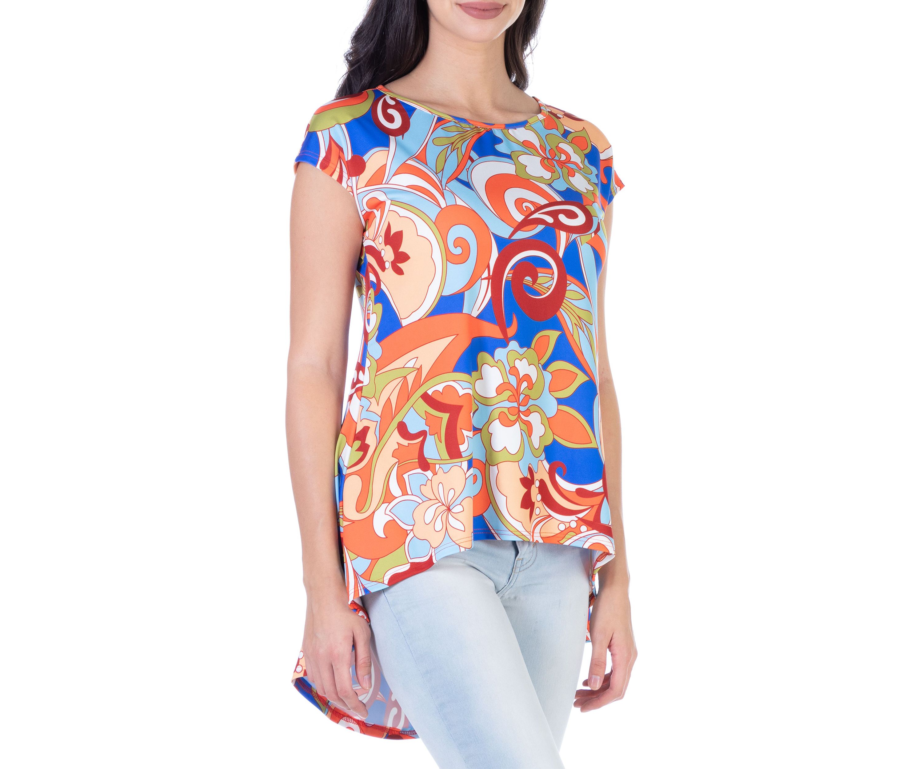 Multicolor Floral Short Sleeve High Low Tunic Top
