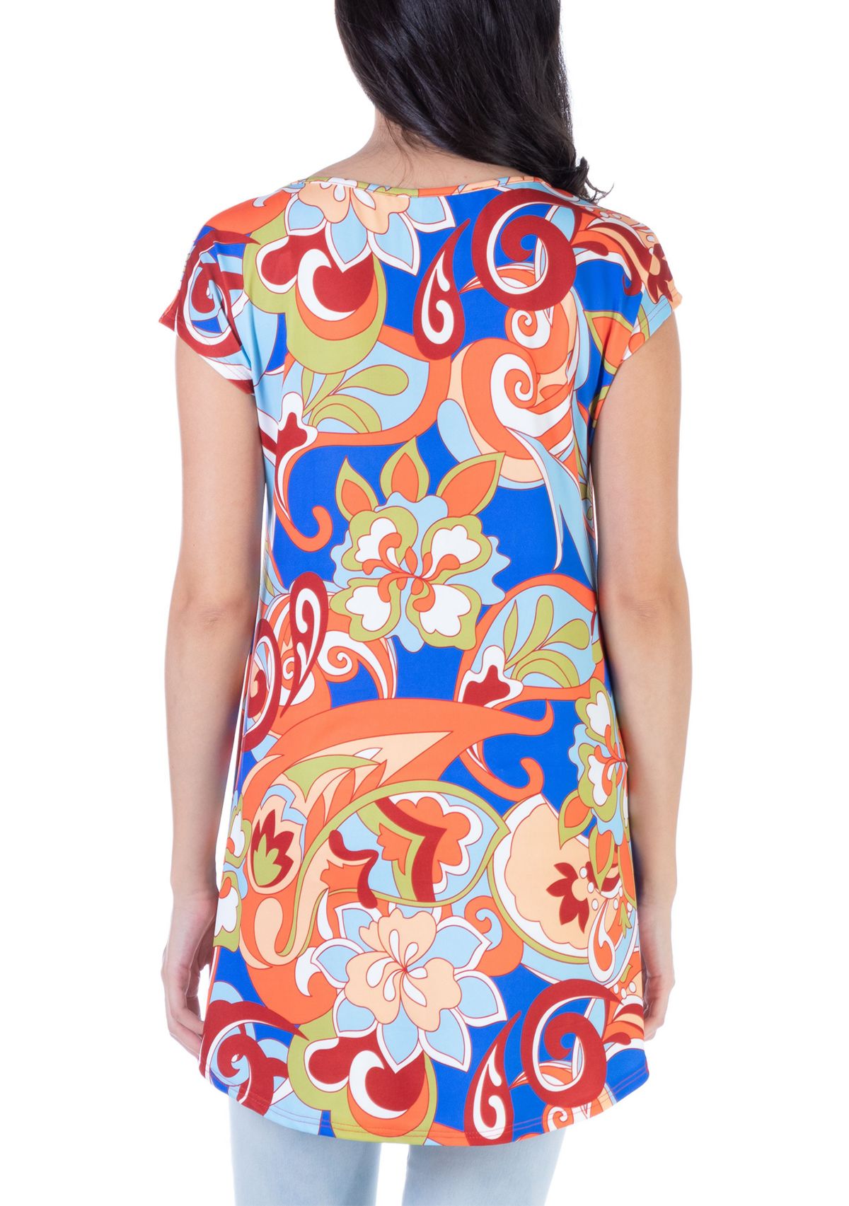 Multicolor Floral Short Sleeve High Low Tunic Top