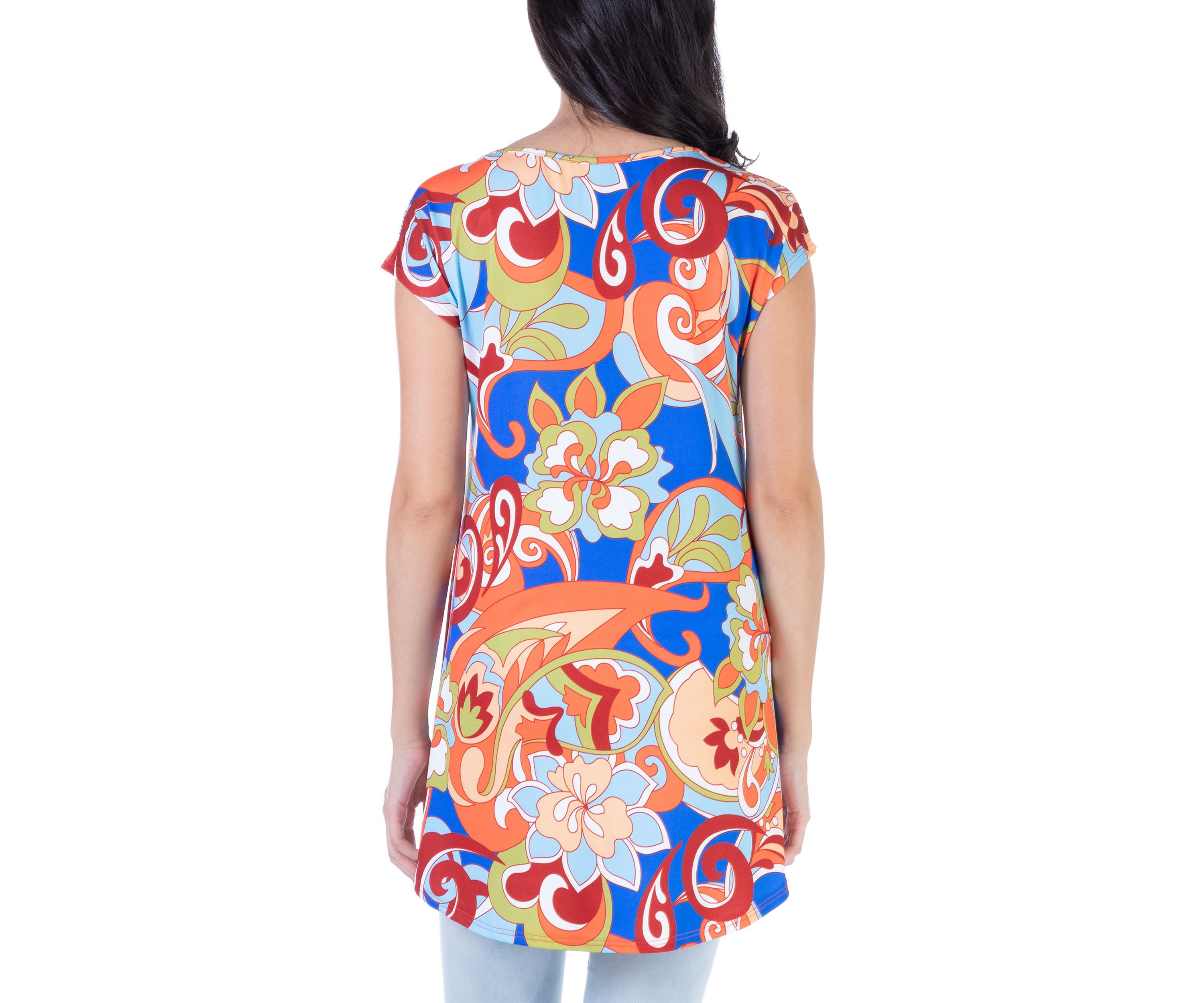Multicolor Floral Short Sleeve High Low Tunic Top