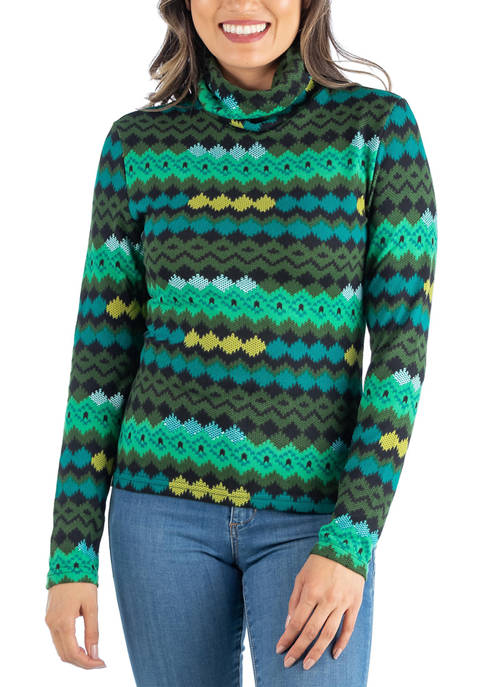 24seven Comfort Apparel Green Sweater Print Long Sleeve