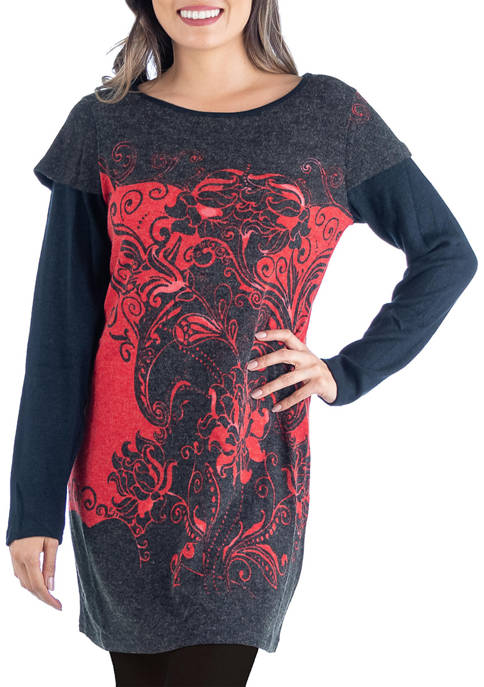 24seven Comfort Apparel Red Floral Layered Long Sleeve