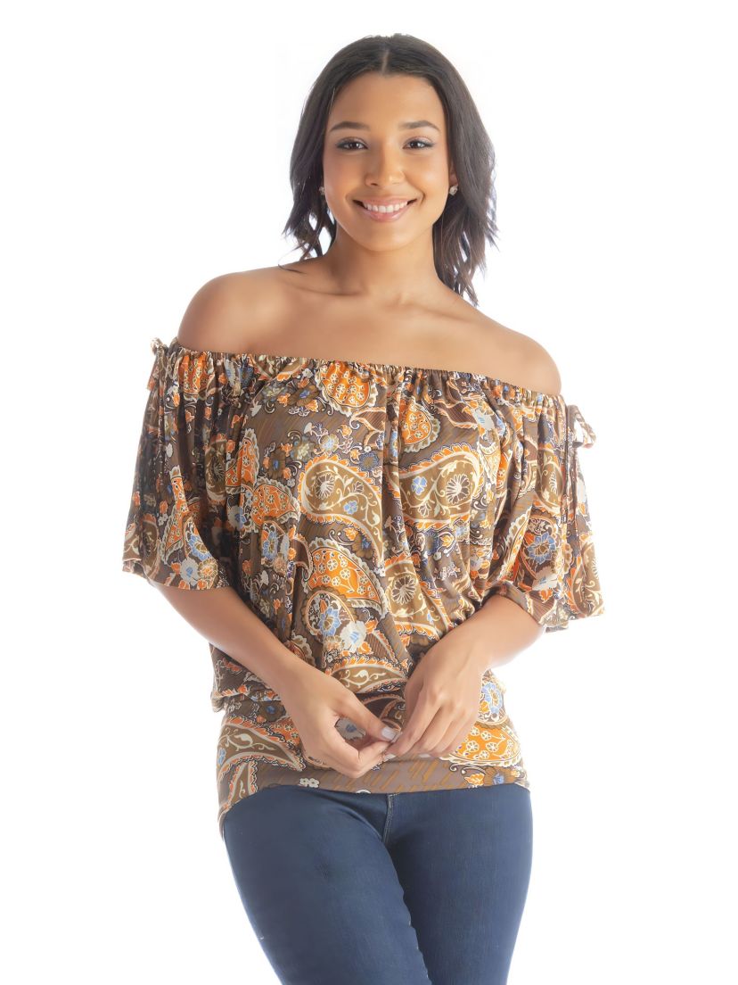 Womens Brown Paisley Short Sleeve Split Shoulder Top