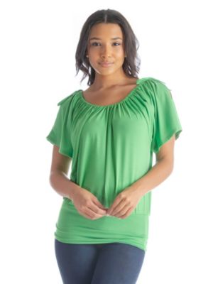 24seven Comfort Apparel Womens Solid Color Short Sleeve Split Shoulder Top