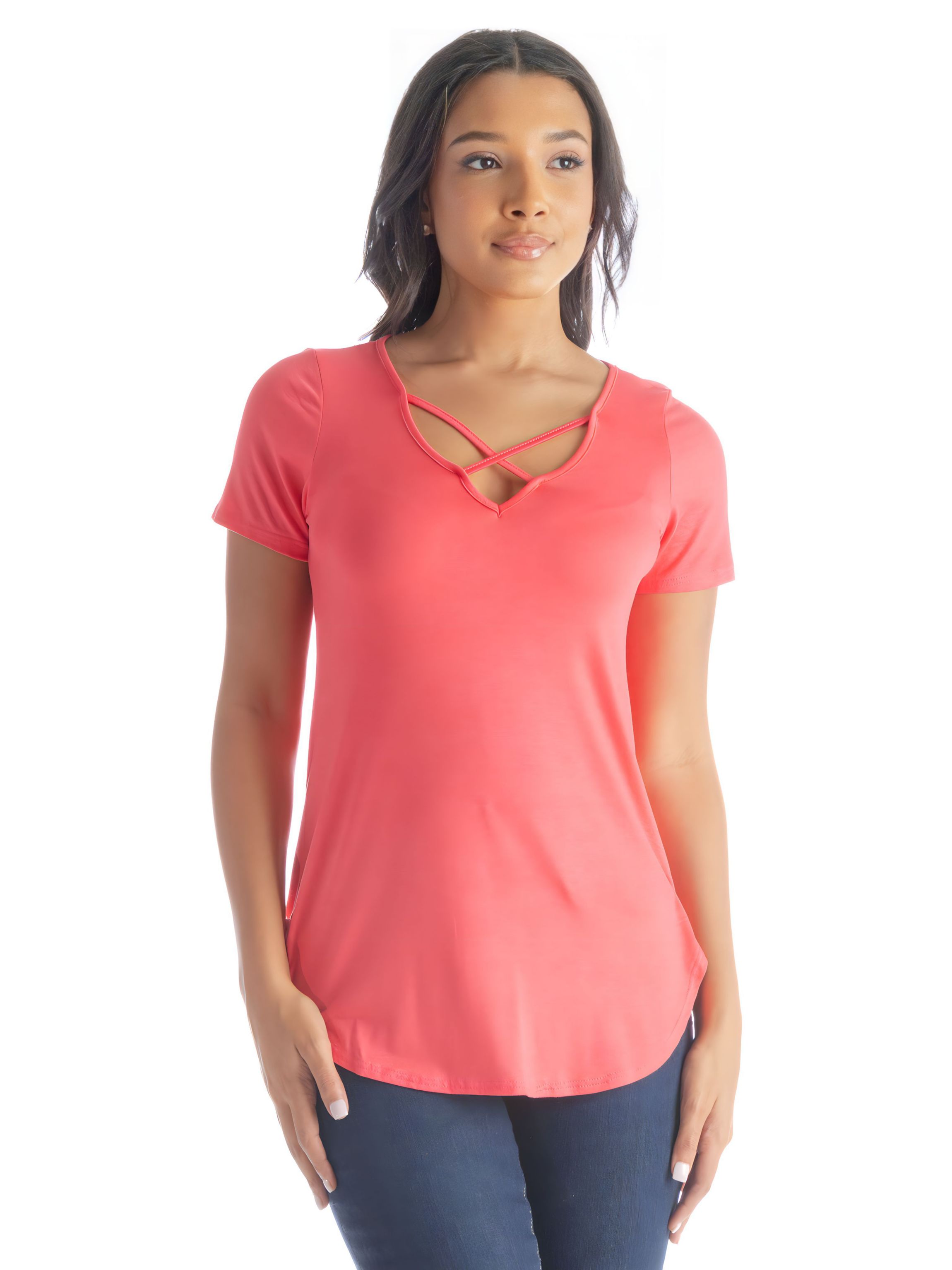 Womens V Neck Criss Cross Neckline T Shirt Tunic Top