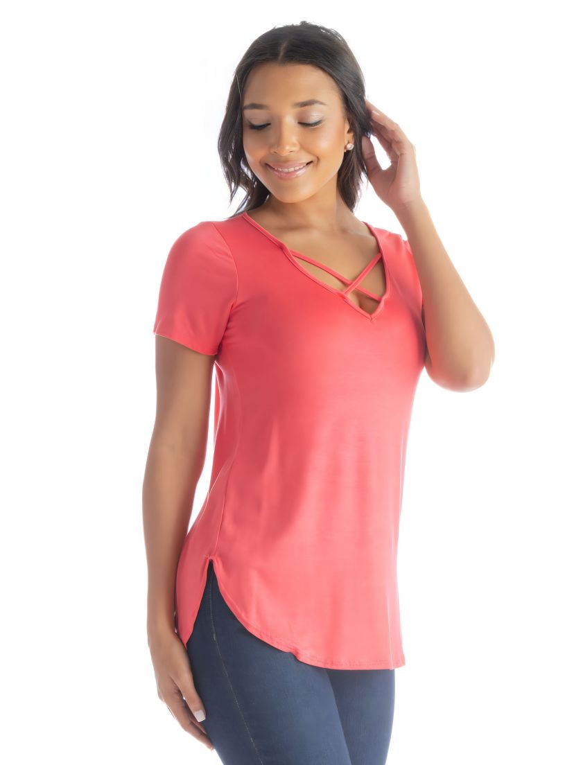 Womens V Neck Criss Cross Neckline T Shirt Tunic Top