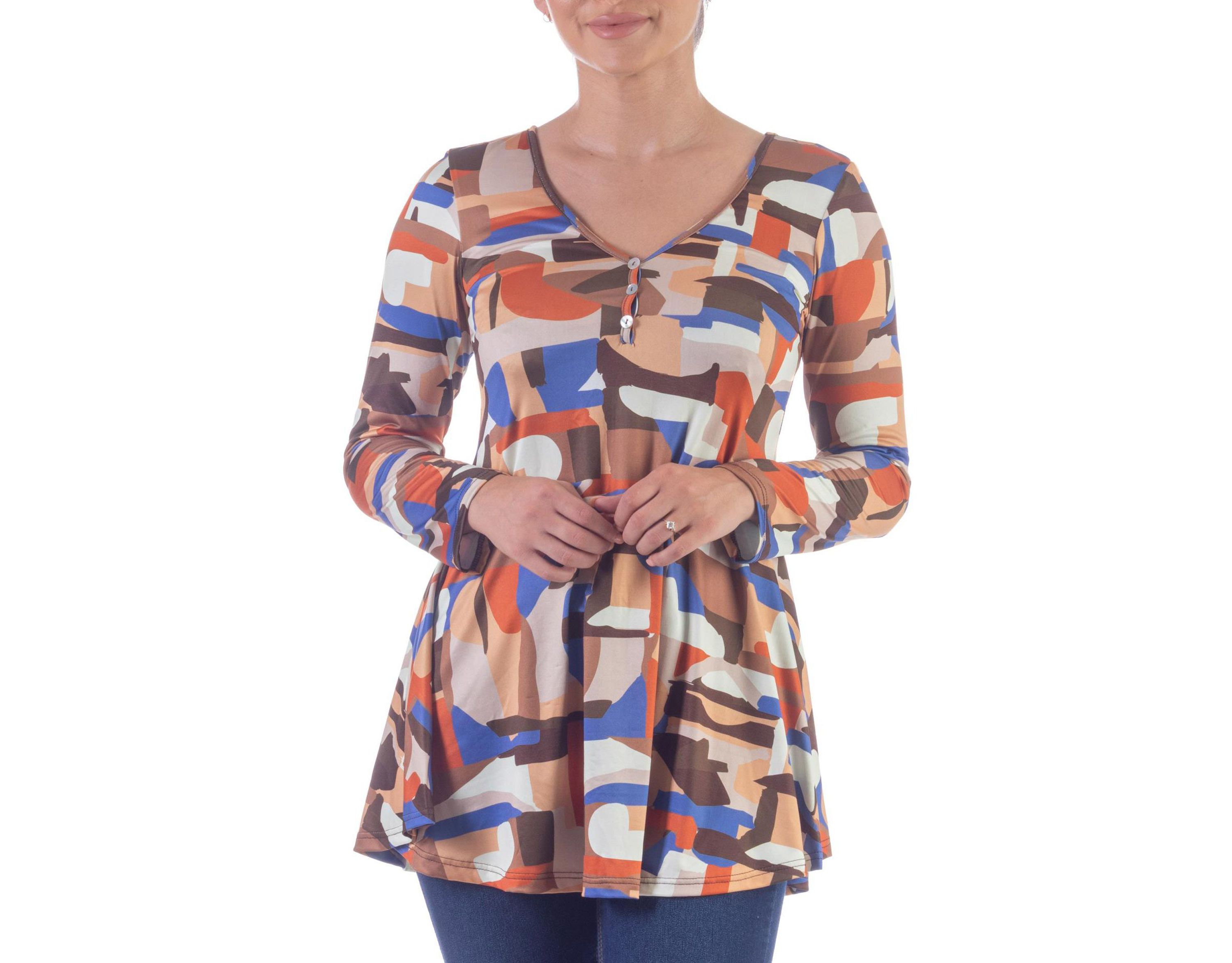 Orange Print Long Sleeve V Neck Tunic Top