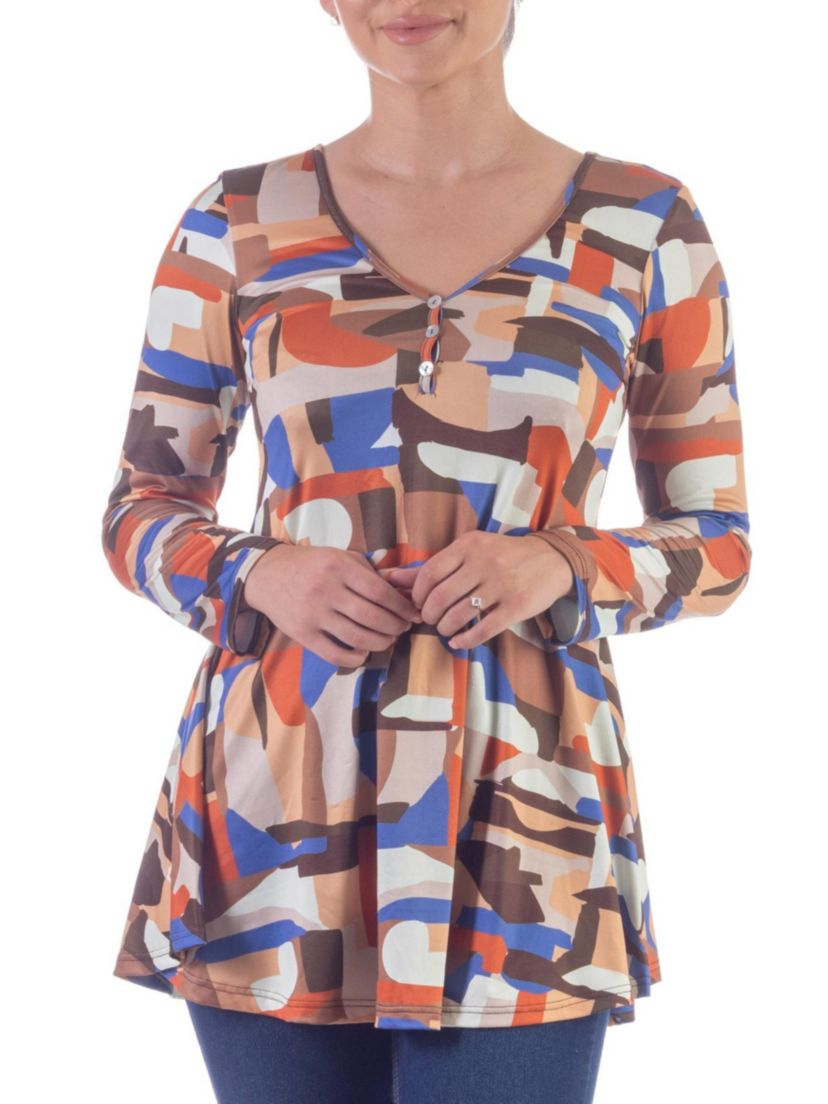 Orange Print Long Sleeve V Neck Tunic Top