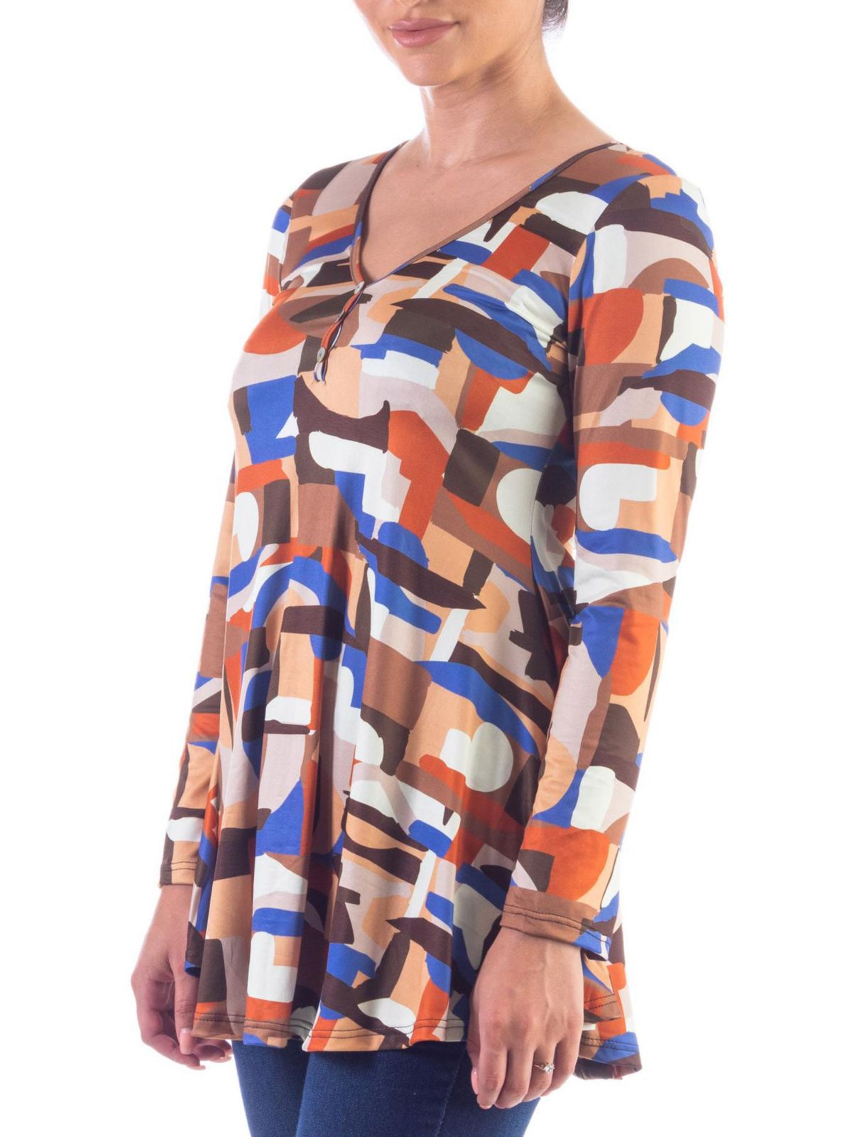 Orange Print Long Sleeve V Neck Tunic Top