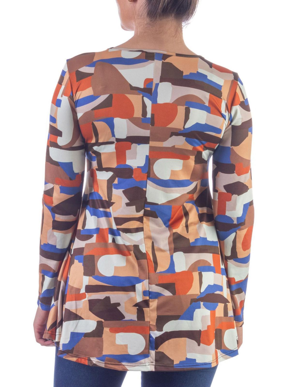 Orange Print Long Sleeve V Neck Tunic Top