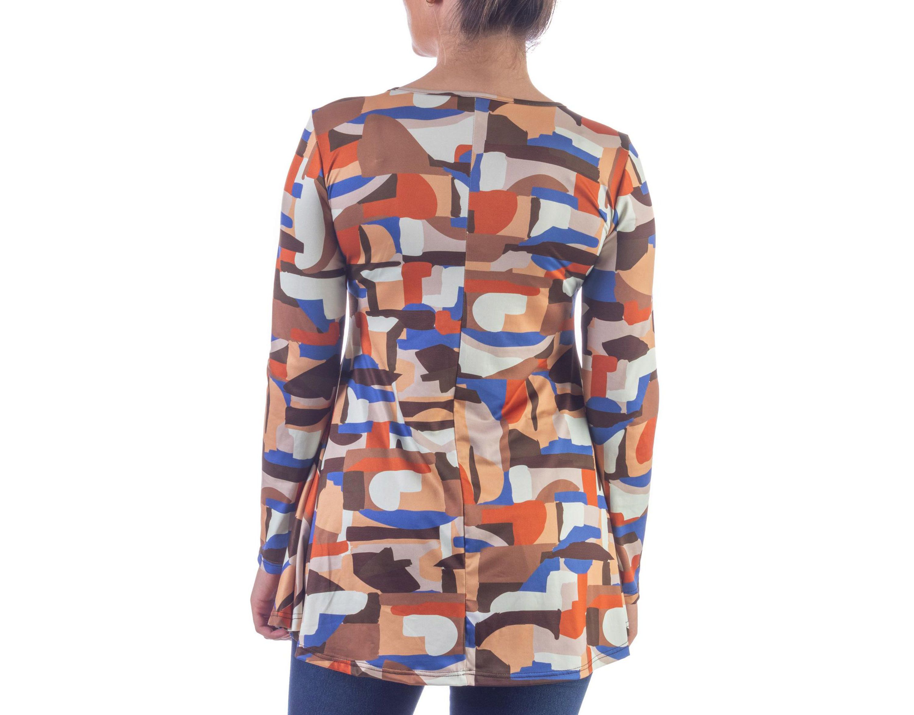 Orange Print Long Sleeve V Neck Tunic Top