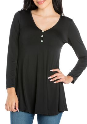 24seven Comfort Apparel Women's Flared Long Sleeve Henley Tunic Top