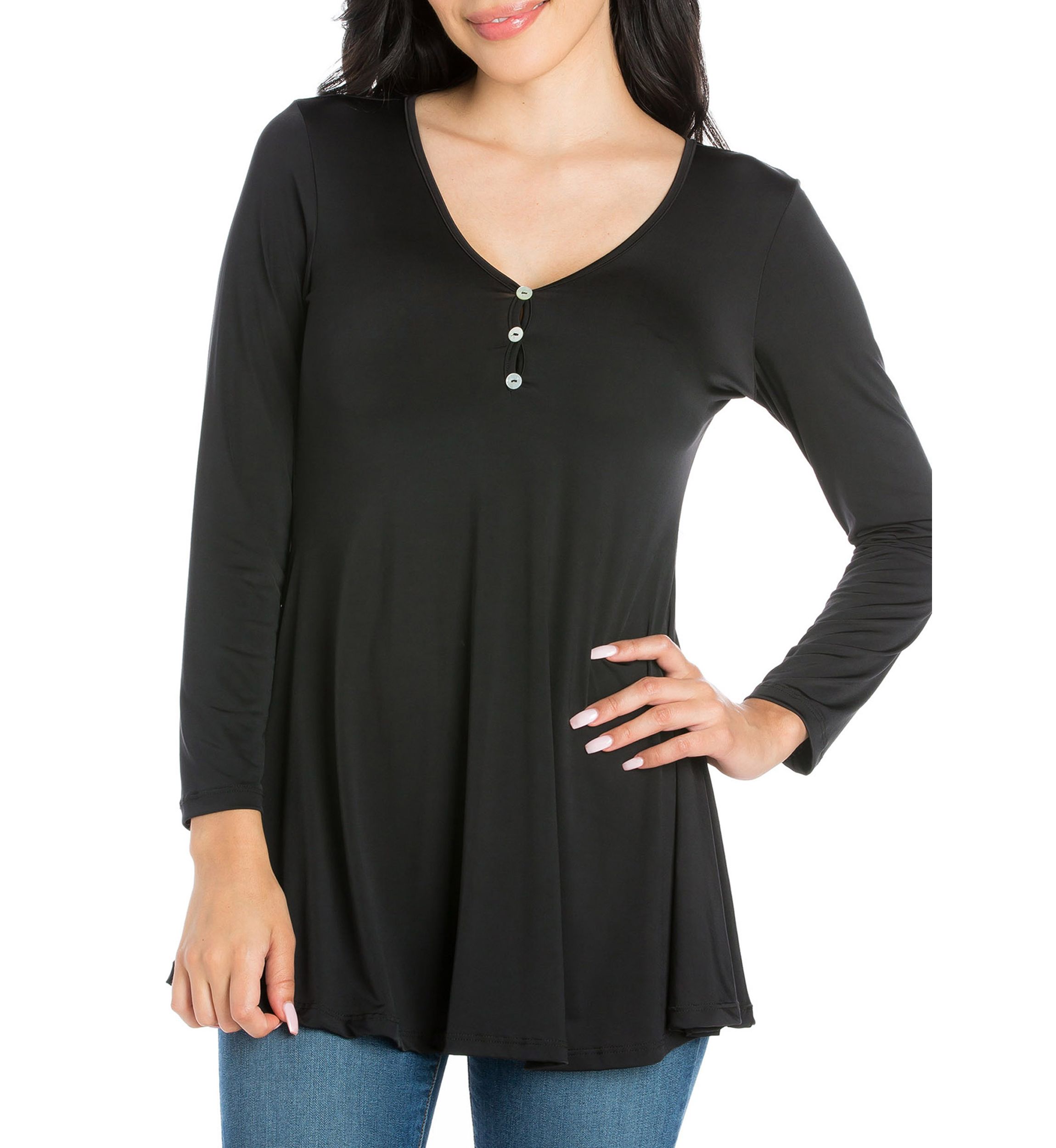 Womens Flared Long Sleeve Henley Tunic Top