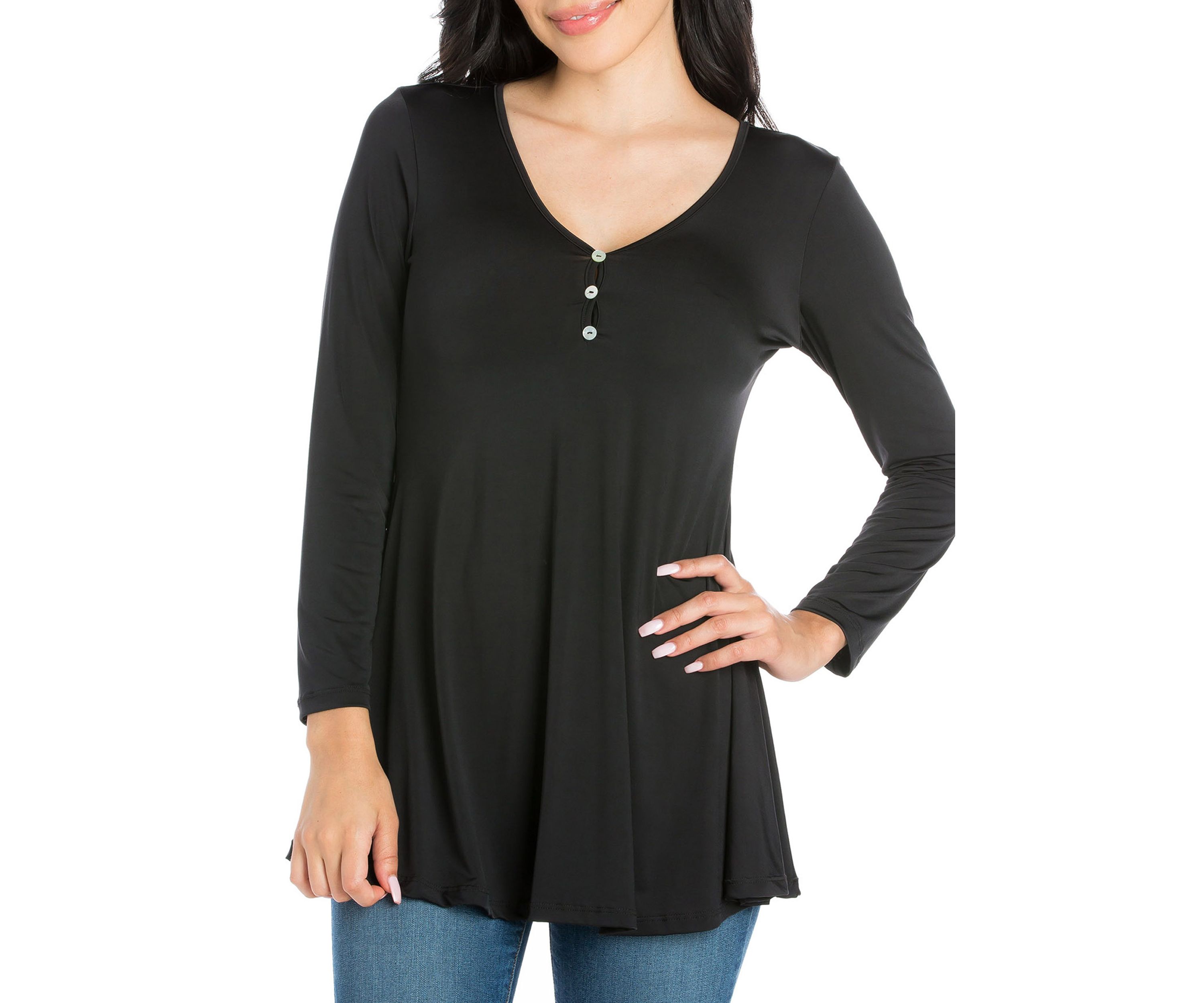 Womens Flared Long Sleeve Henley Tunic Top