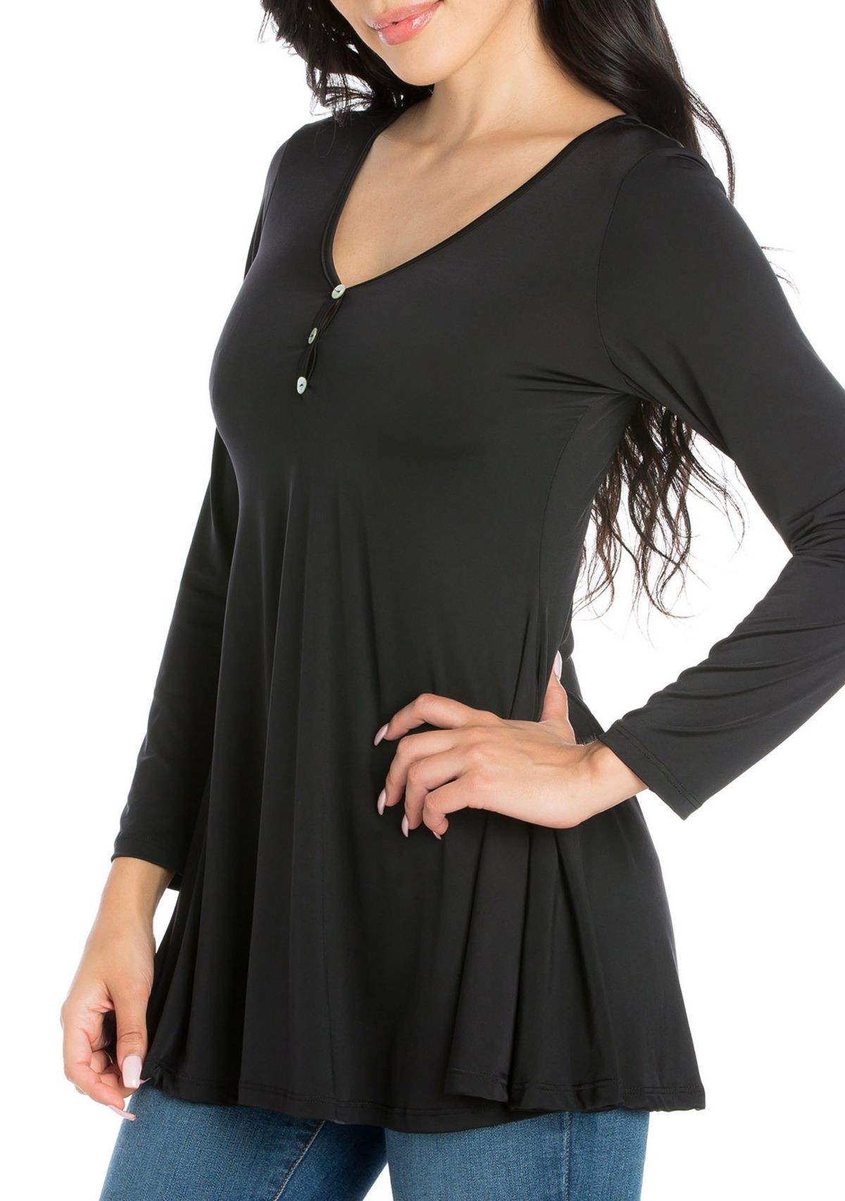 Womens Flared Long Sleeve Henley Tunic Top