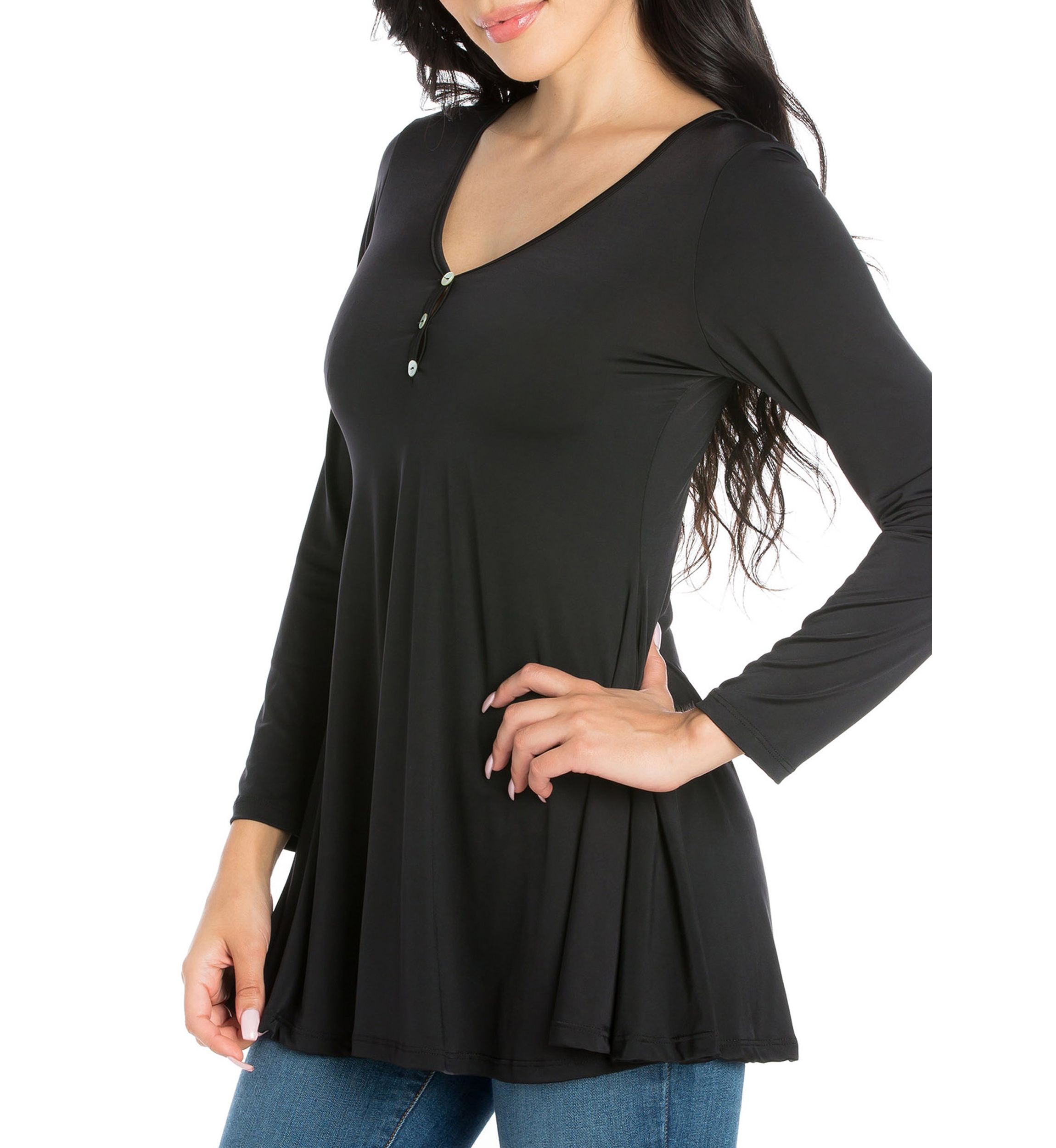 Womens Flared Long Sleeve Henley Tunic Top