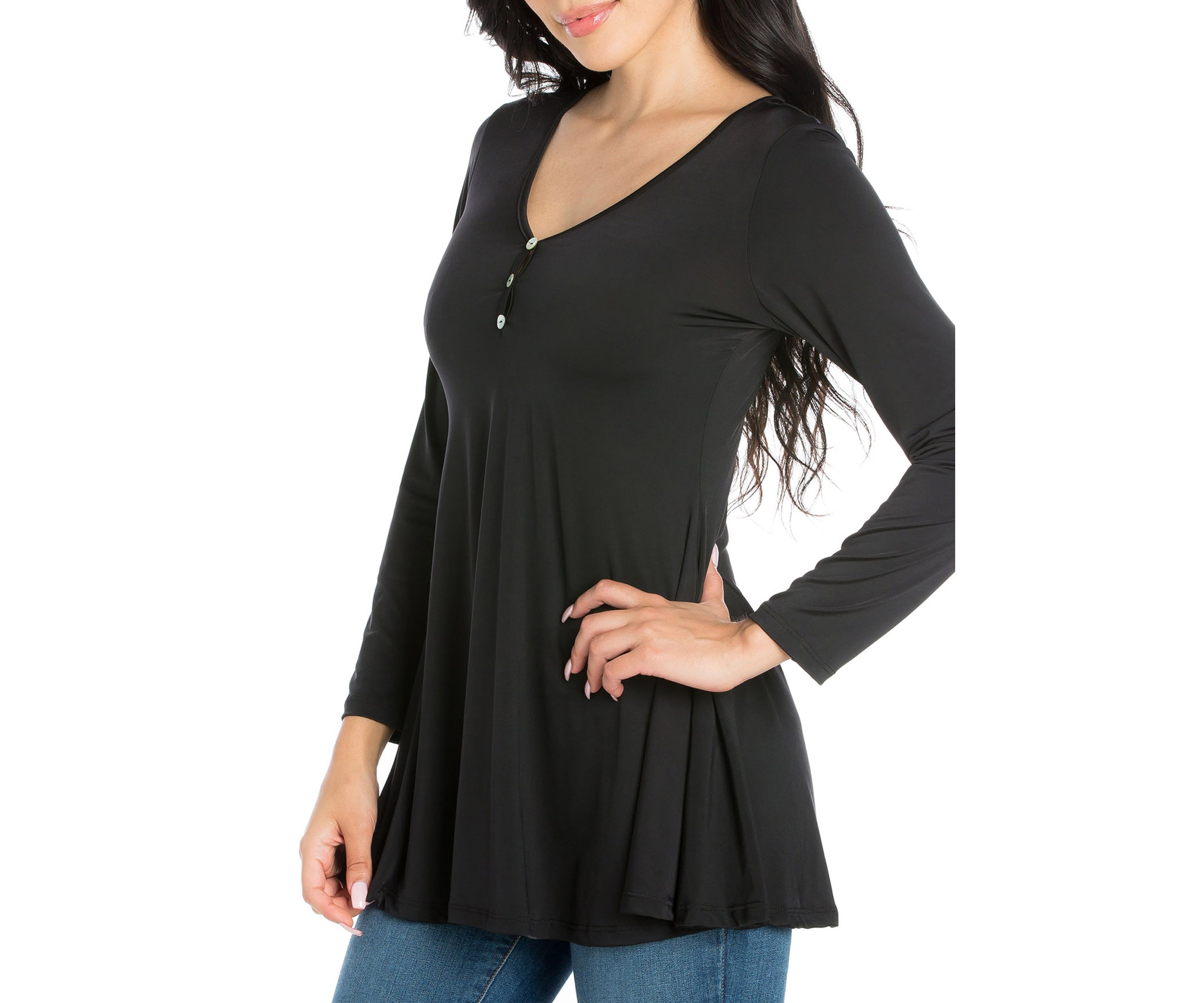 Womens Flared Long Sleeve Henley Tunic Top