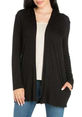 24seven Comfort Apparel Women's Open Front Lightweight Hooded Cardigan, Black, Small