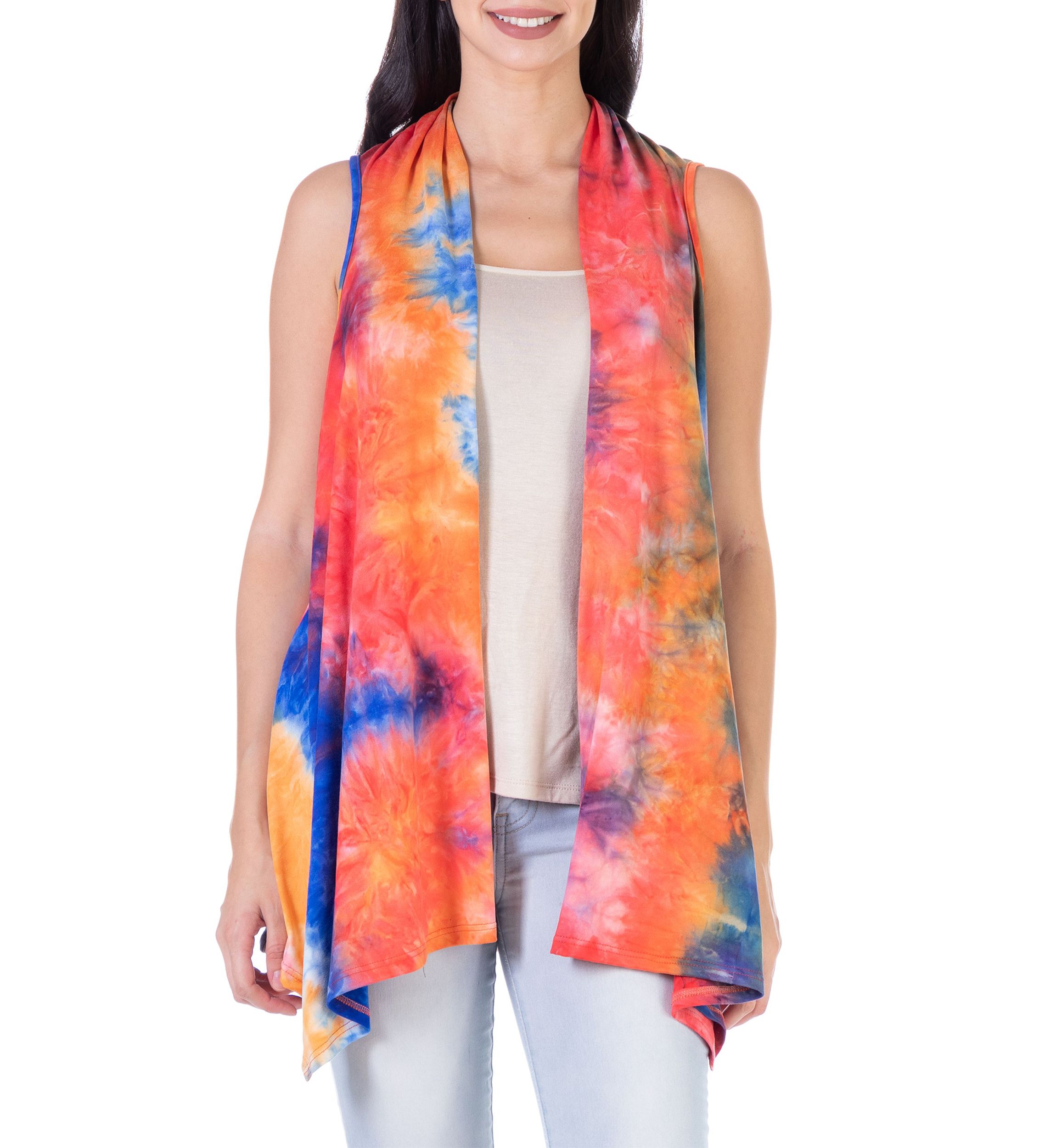 Orange Tie Dye Sleeveless Open Front Shrug Vest