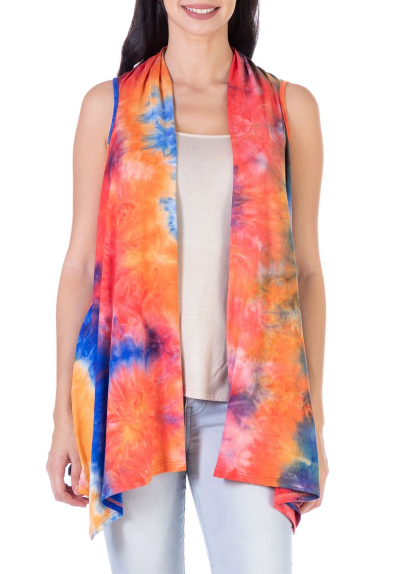 Orange Tie Dye Sleeveless Open Front Shrug Vest
