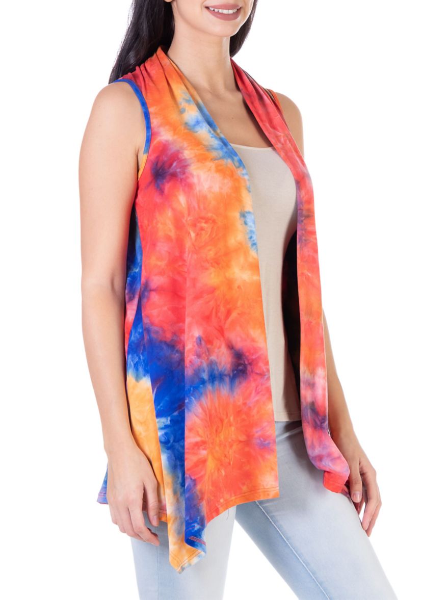 Orange Tie Dye Sleeveless Open Front Shrug Vest