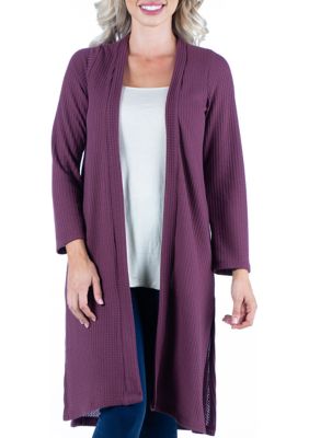 Women's Waffle Fabric Long Sleeve Knee Length Cardigan