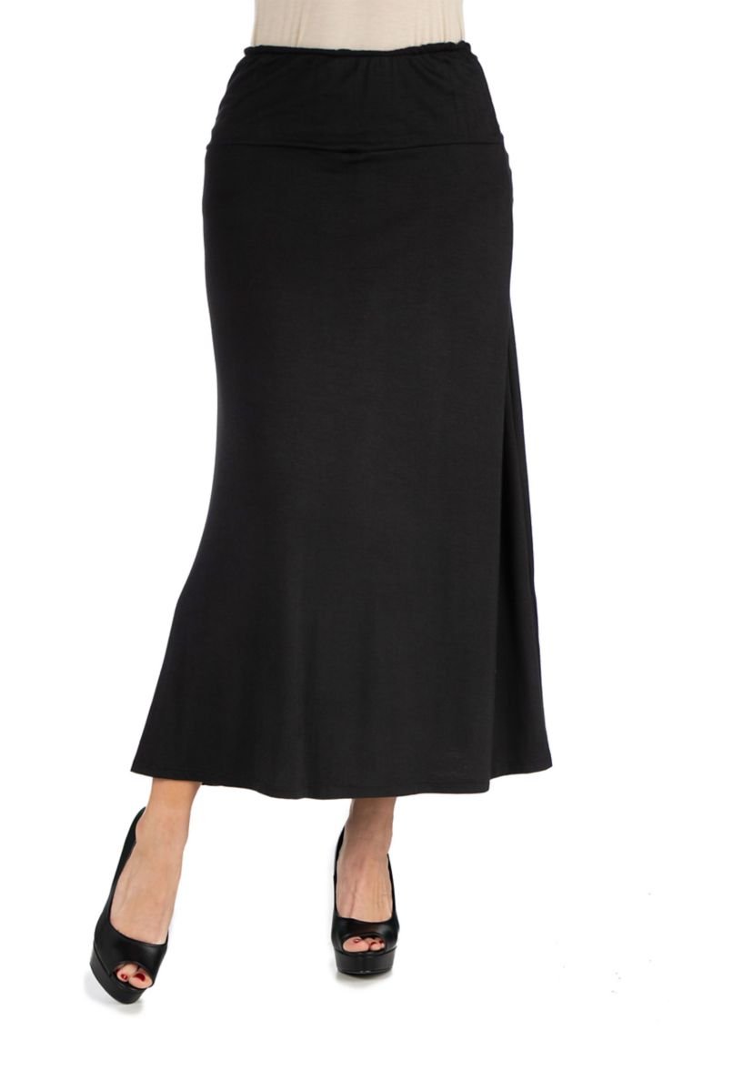 Womens Elastic Waist Solid Color Maxi Skirt