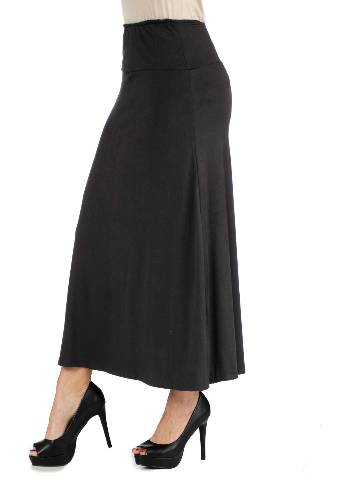 Womens Elastic Waist Solid Color Maxi Skirt