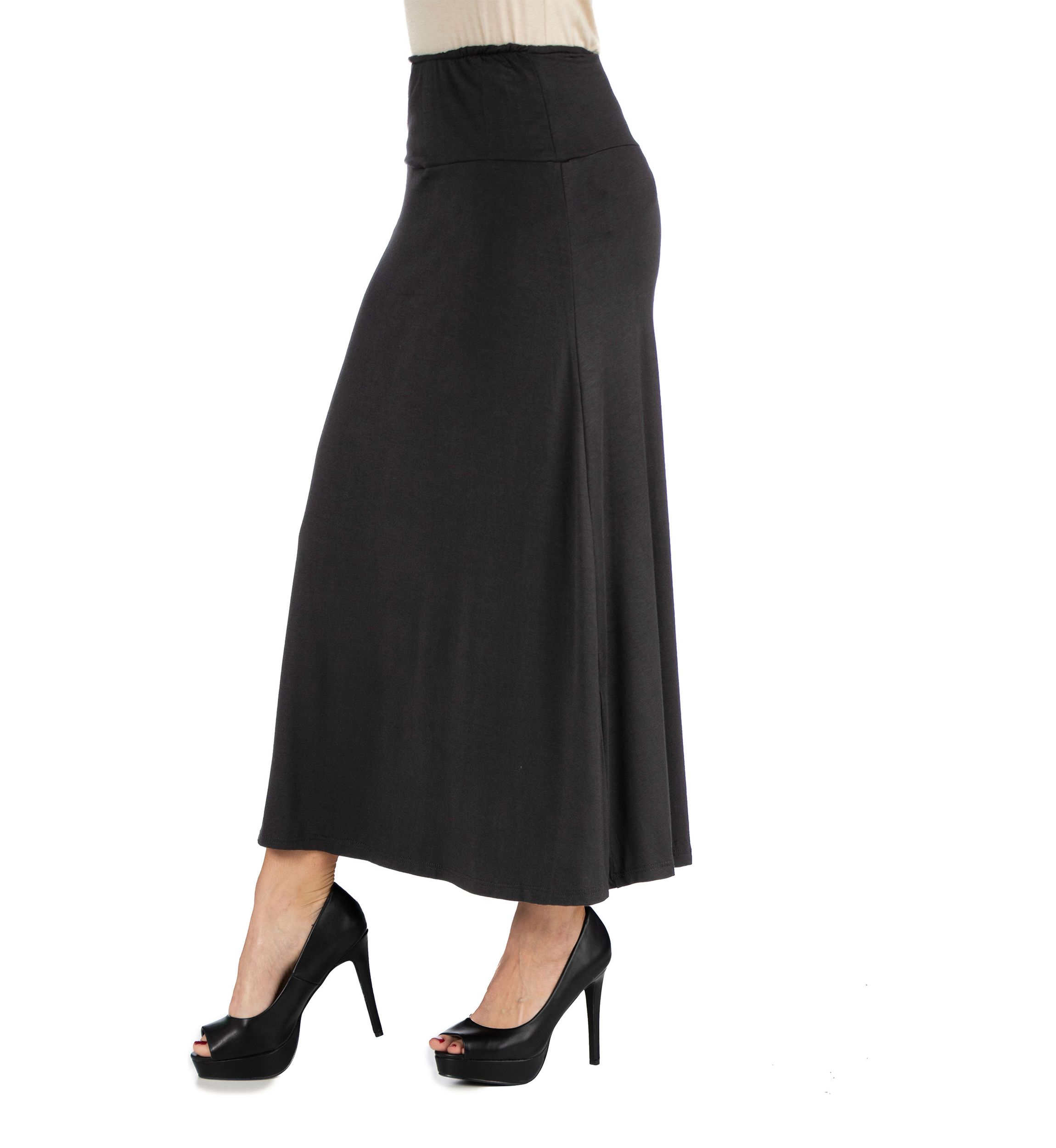 Womens Elastic Waist Solid Color Maxi Skirt