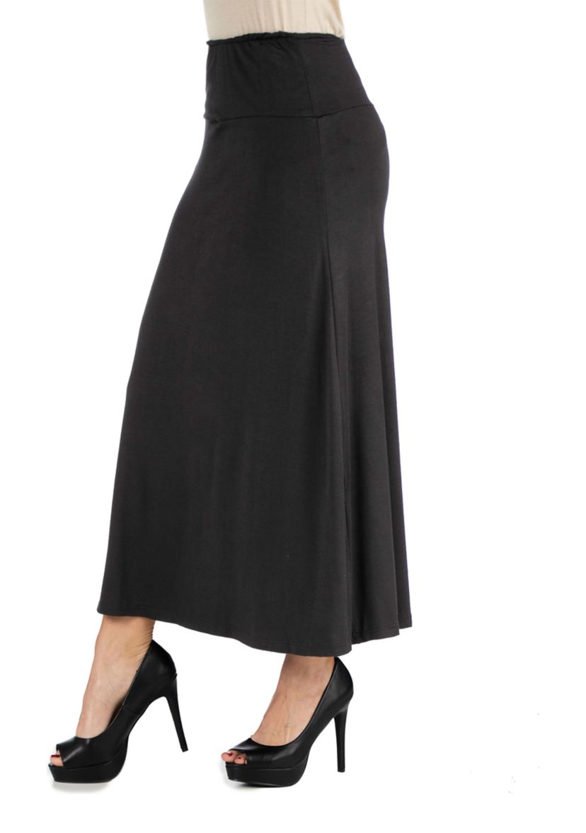 Womens Elastic Waist Solid Color Maxi Skirt