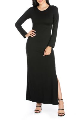 24seven Comfort Apparel Women's Long Sleeve Side Slit Fitted Black Maxi Dress