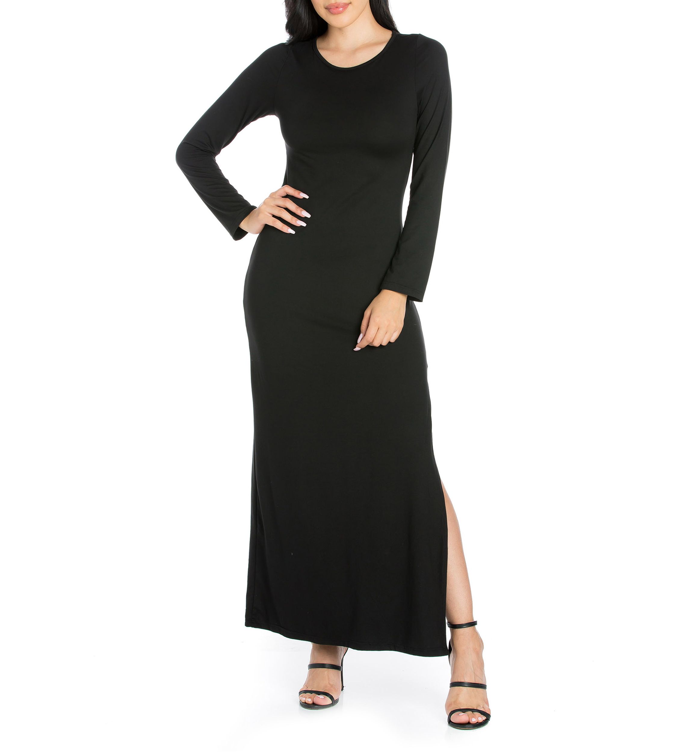24seven Comfort Apparel Women's Long Sleeve Side Slit Fitted Black Maxi  Dress | Belk