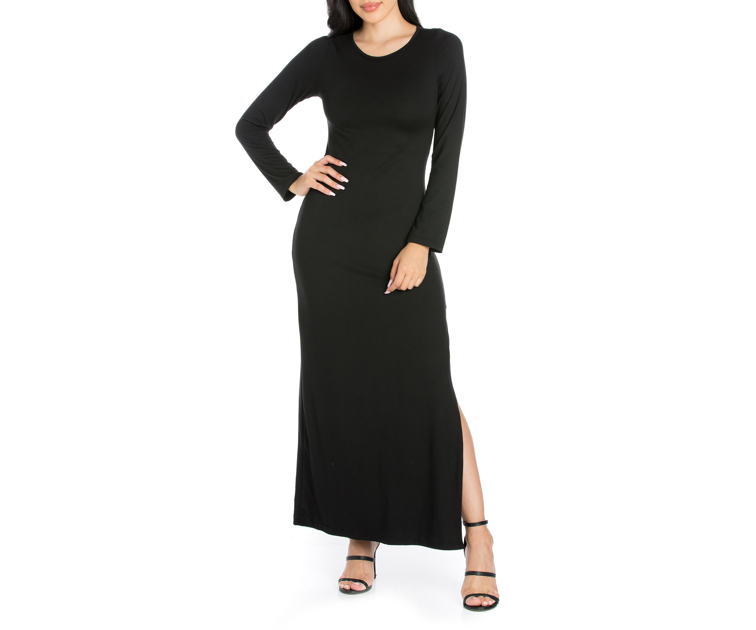 Womens Long Sleeve Side Slit Fitted Black Maxi Dress