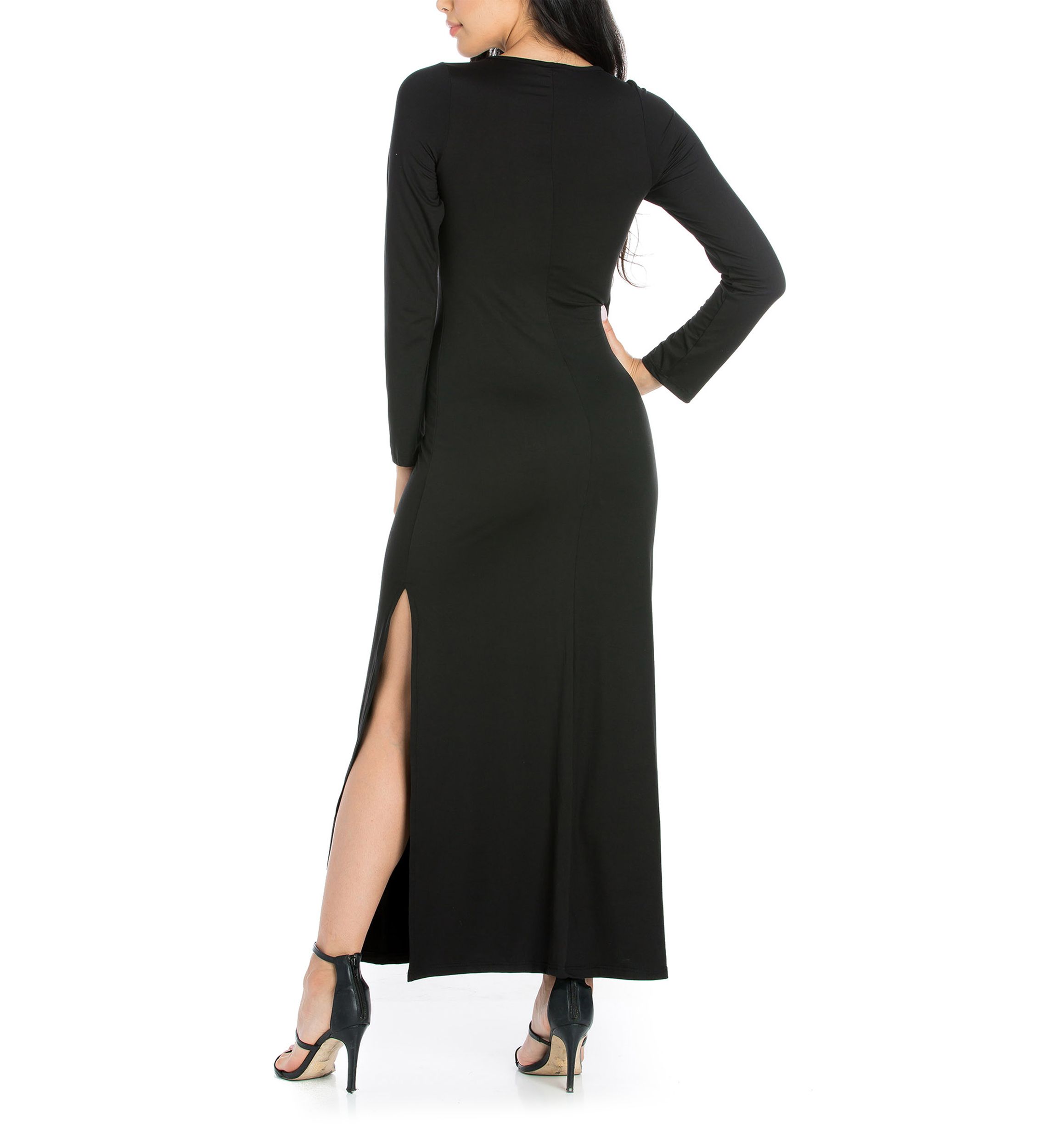 24seven Comfort Apparel Women's Long Sleeve Side Slit Fitted Black Maxi  Dress | Belk