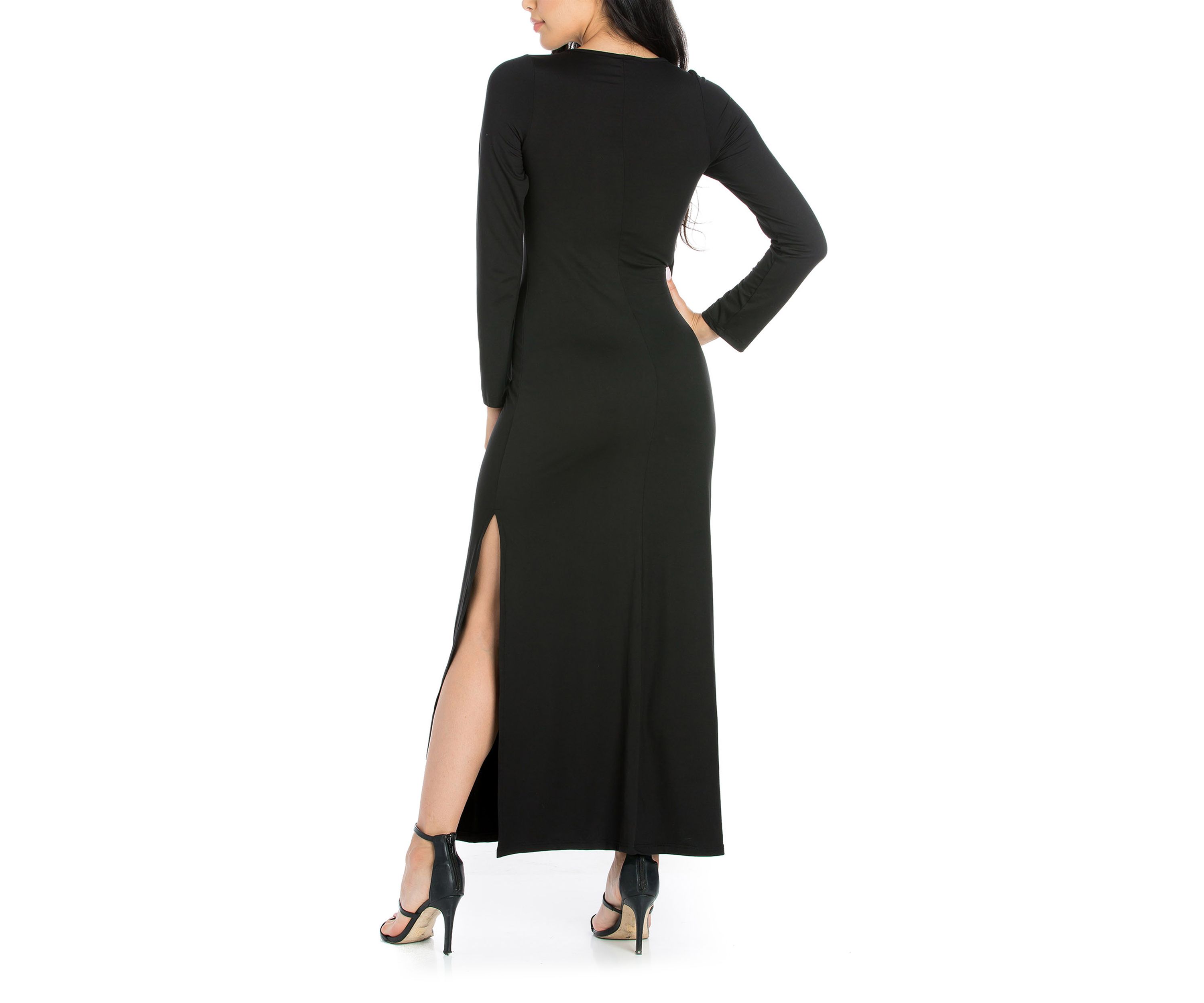 Womens Long Sleeve Side Slit Fitted Black Maxi Dress