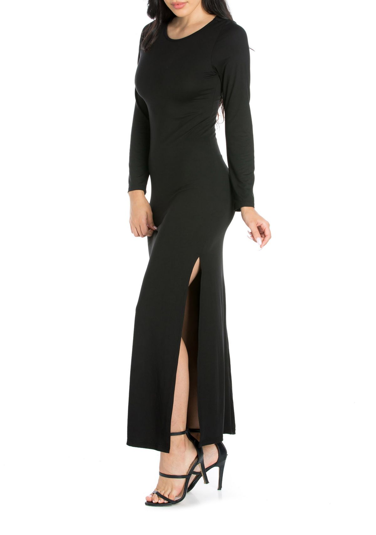 Womens Long Sleeve Side Slit Fitted Black Maxi Dress