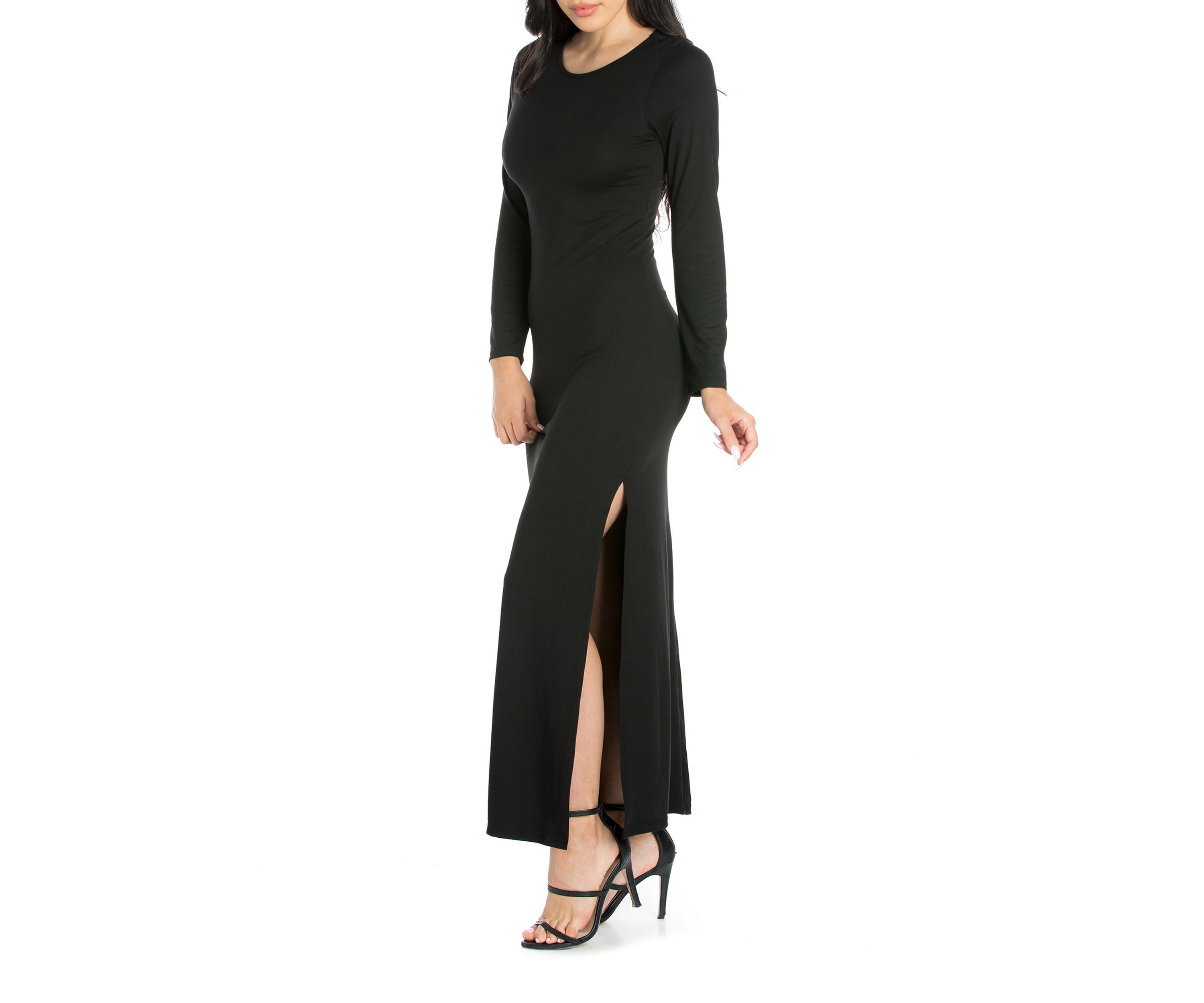 Womens Long Sleeve Side Slit Fitted Black Maxi Dress