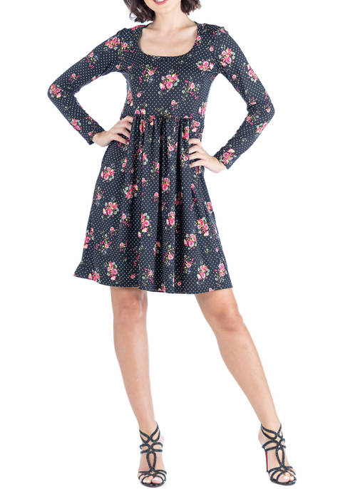 24seven Comfort Apparel Black Floral Knee Length Dress