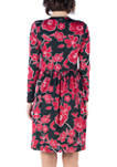 Womens Red Floral Print Knee Length Long Sleeve Pleated Dress