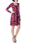 Womens Red Floral Print Knee Length Long Sleeve Pleated Dress