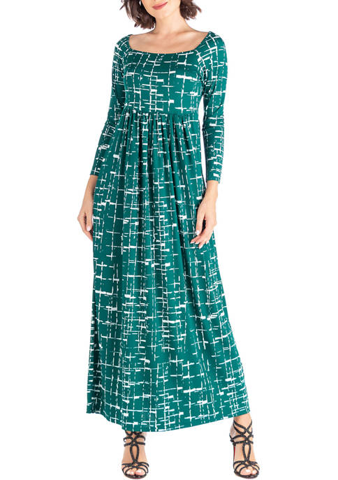 Emerald Green Long Sleeve Pleated Waist Maxi Dress