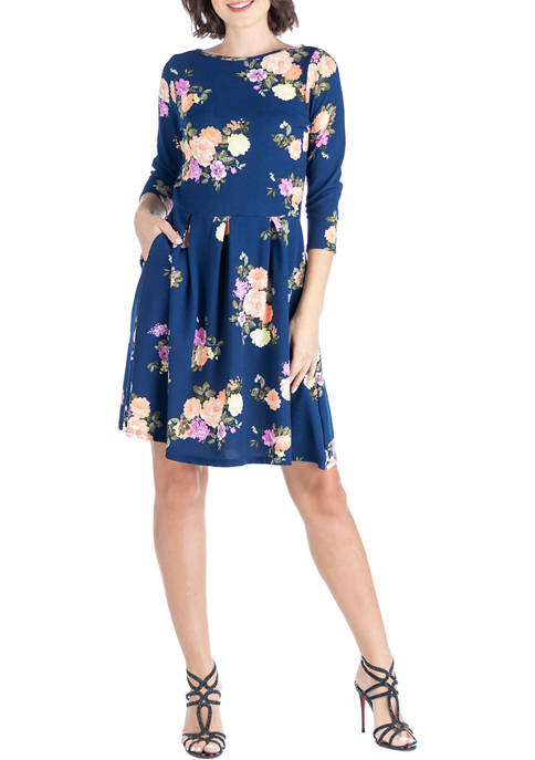 Floral Navy Knee Length Pocket Dress