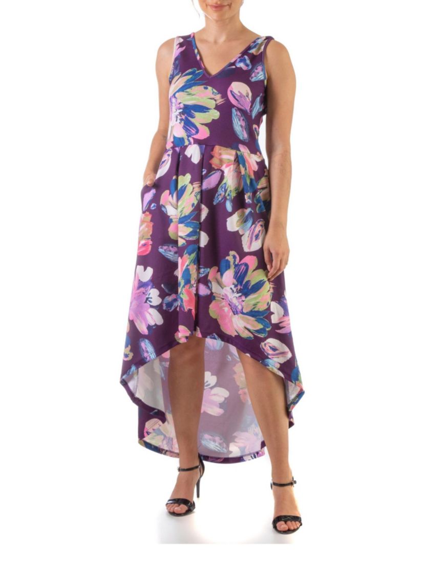 24seven Comfort Apparel Purple Sleeveless Pleated High Low Pocket Dress |  Belk