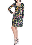 Black Floral Long Sleeve Knee Length Dress